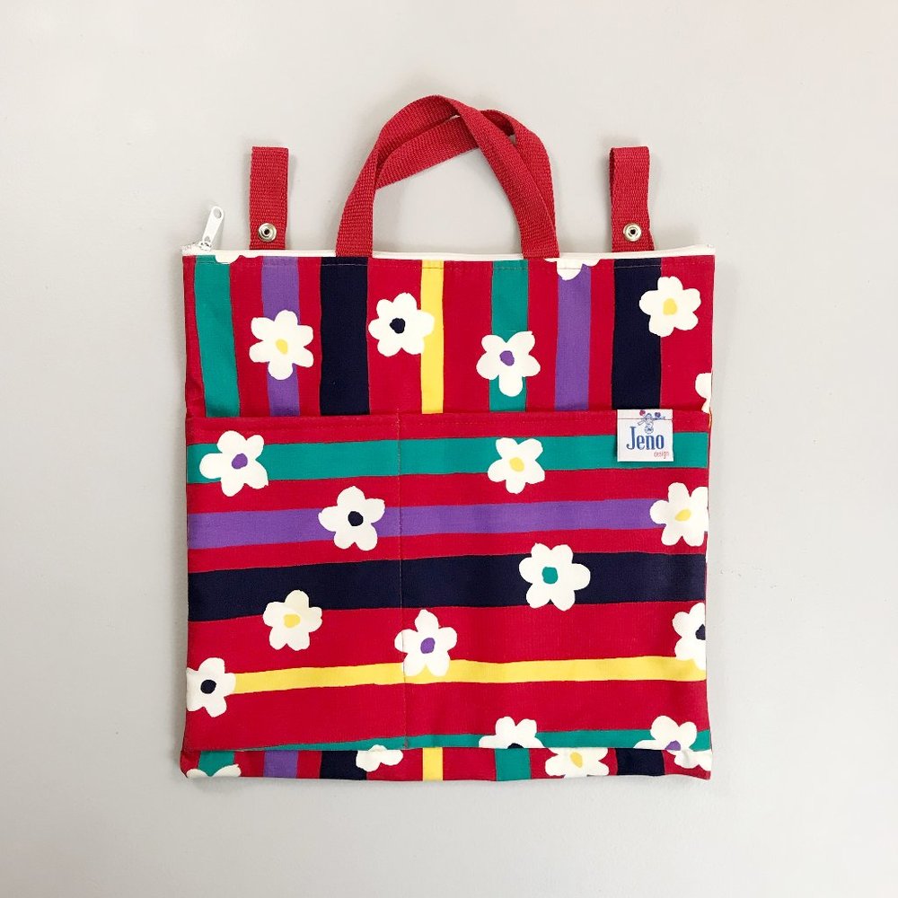 JENO Vintage 80s 90s Book Bag Tote Colorful Kawaii Flowers & Stripes Red